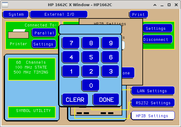 The HP-IP Settings pop-up of the UI. Only one field is shown, a scrollable number for the bus address.