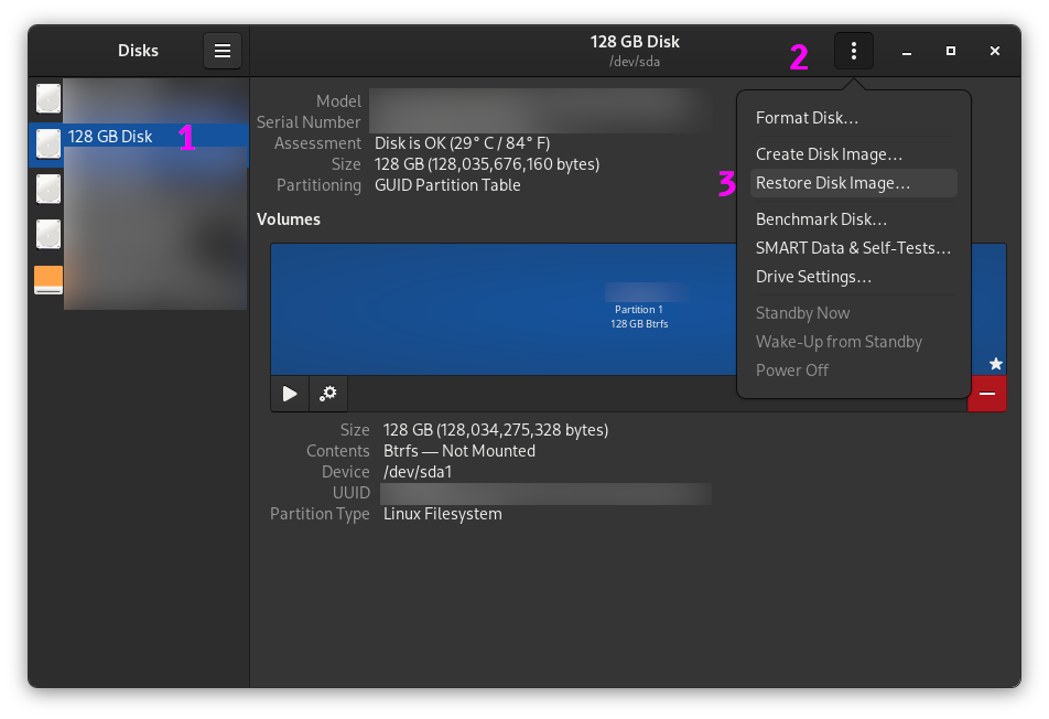 Screenshot of the GNOME Disks utility, with numbers for 1) selecting the disk, 2) selecting the menu, 3) selecting "Restore Disk Image".