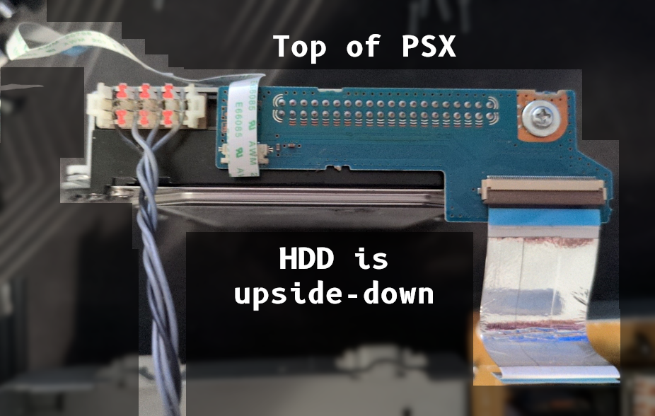 Photo showing the PSX's HDD board, with the HDD connected underneath. It shows that the HDD is mounted upside down relative to the PSX, and that the bottom of the HDD is in line with the top of the HDD board.