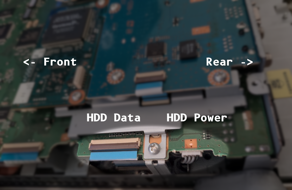 Photo showing the PSX's HDD Data and Power connectors on the motherboard, with the front of the unit to the left and the rear to the right.