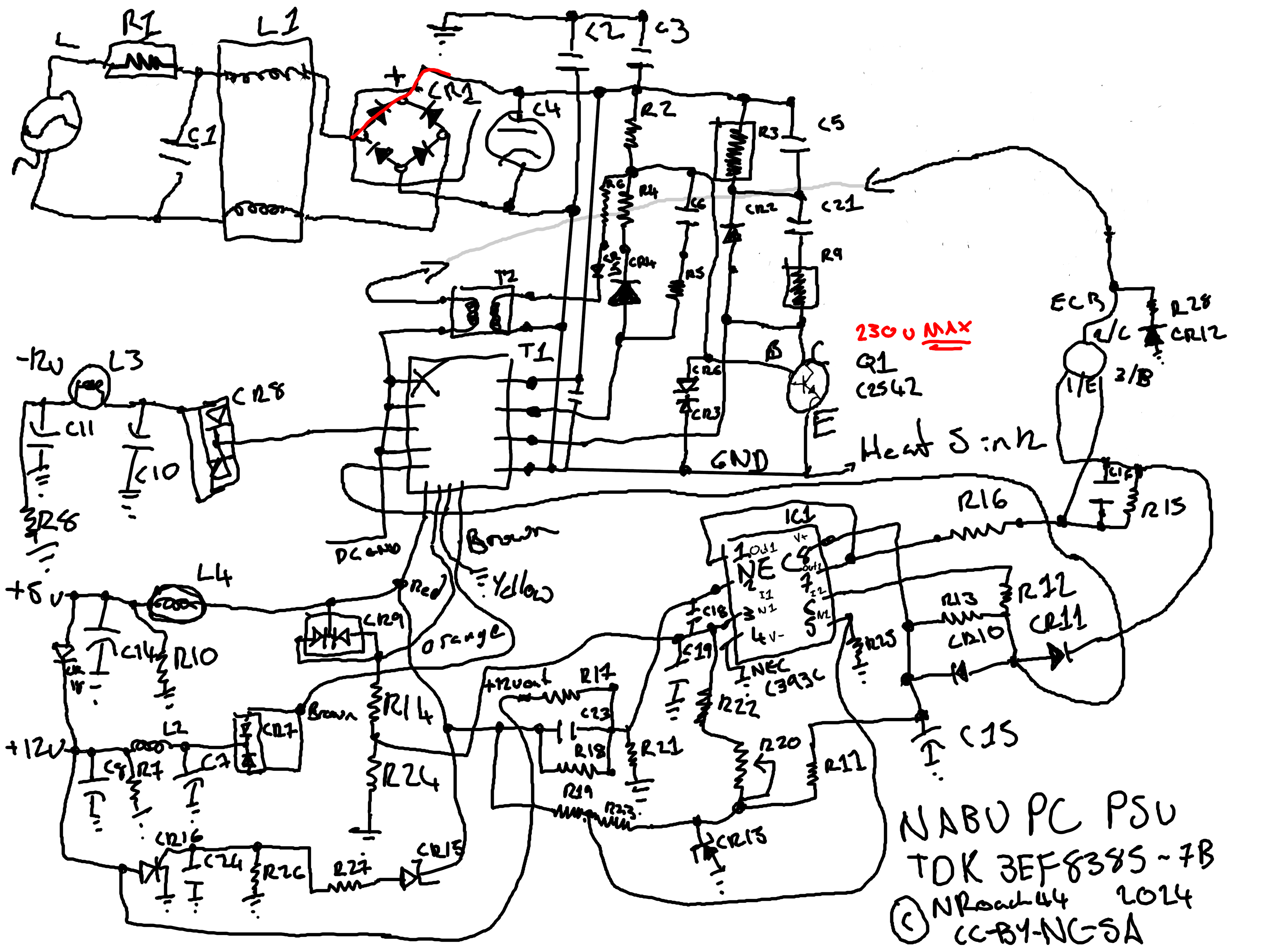 A hand drawn schematic of the power supply.