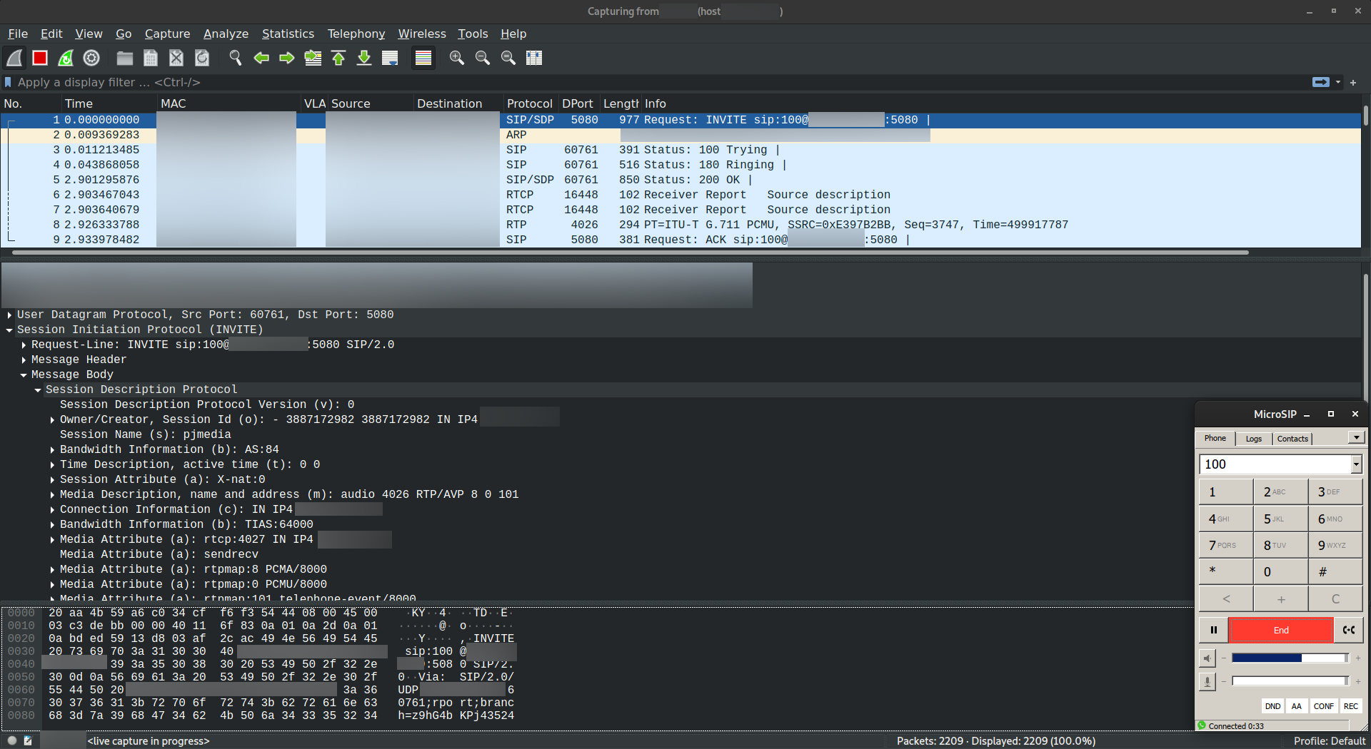 Screenshot of MicroSIP, an application that resembles a "candybar" phone with a dial pad, over wireshark showing the network packets involved with an active call.