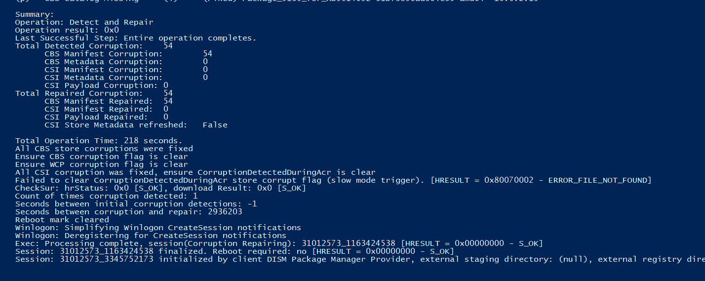 A screenshot of the CBS Log file showing Total Detected Corruption: 54 and Total Repaired Corruption: 54