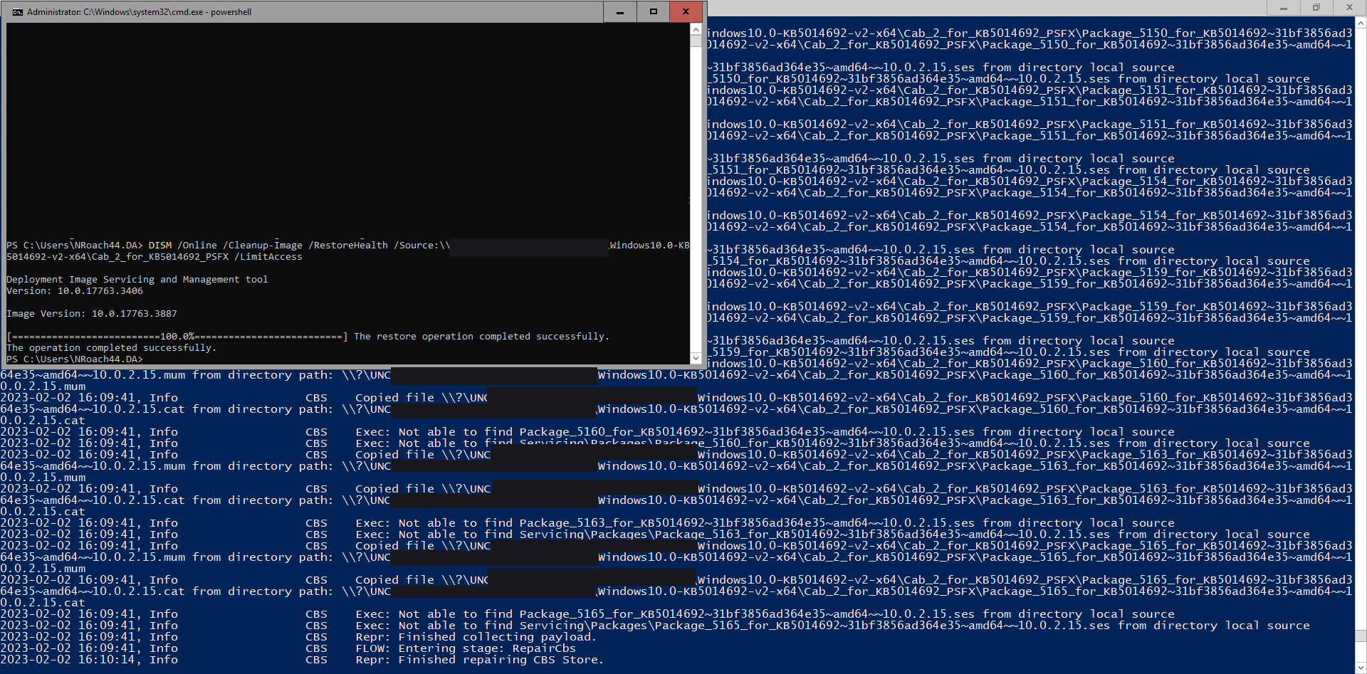 A screenshot showing a successful DISM repair, and behind that window, the DISM log file showing that it's found files in the extra source location.