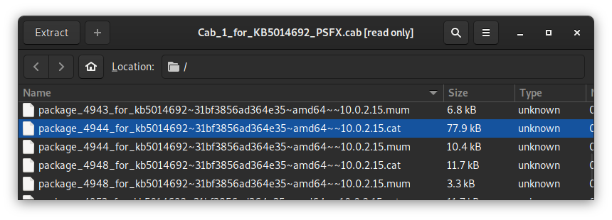 A screenshot of the contents of the same CAB as prior, showing many several files starting with package_4944_for_kb5014692....