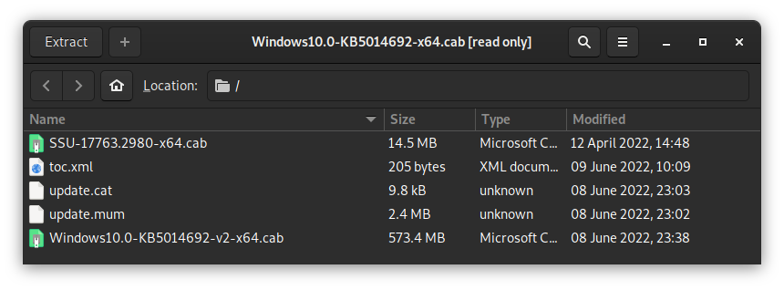 A screenshot of the MSU's CAB file showing another SSU-...cab file, a toc.xml, an update.cat, an update.mum, and another CAB named almost identically.