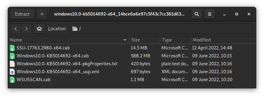 A screenshot of Windows Update file (.MSU) opened in an archive tool. It contains five files, a .cab, .xml, pkgProperties.txt all prefixed with the package name, and SSU-...cab, and WSUSSCAN.cab.