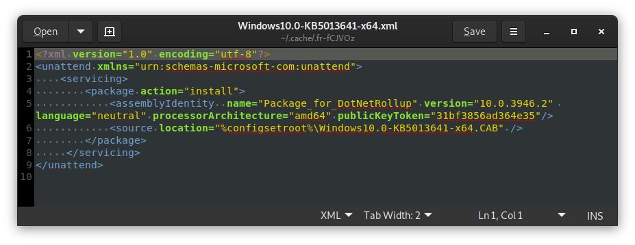 A screenshot of the XML file from the MSU, showing that it's name and version matches the package details I needed.