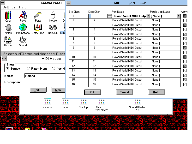 Image showing the Windows 3.1 UI of Control Panel, MIDI Mapper, with the "Roland" MIDI Map setup, showing all source and destination channels going to the "Roland Serial MIDI Output".