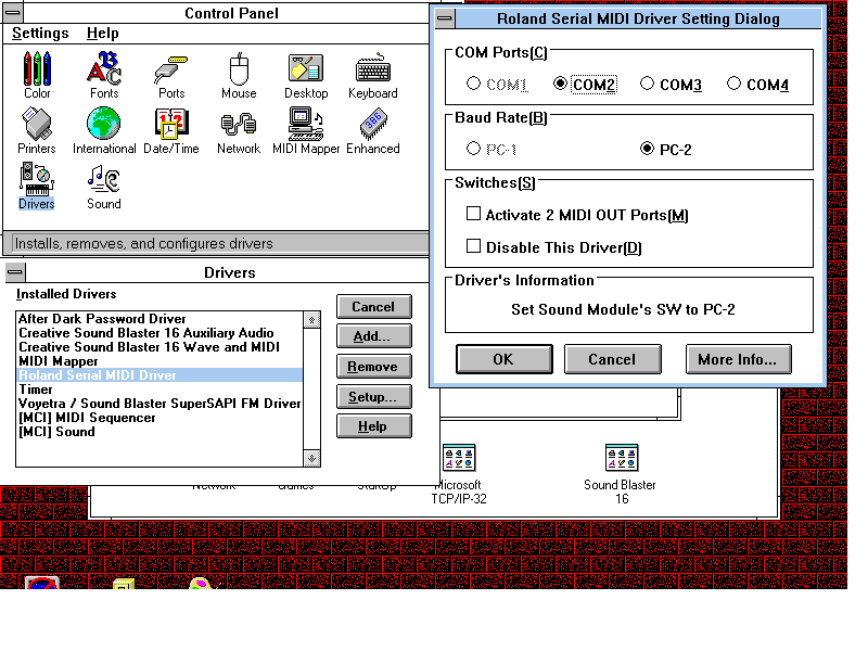 Image showing the Windows 3.1 UI of Control Panel, Drivers, Roland Serial MIDI Driver settings, with COM2 selected.