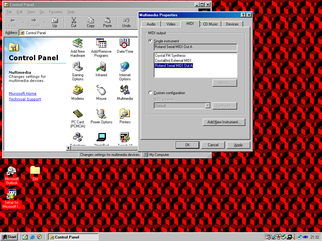 Image showing Windows 98's Control Panel > Multimedia > MIDI Tab, with Roland Serial MIDI Out A set as output.