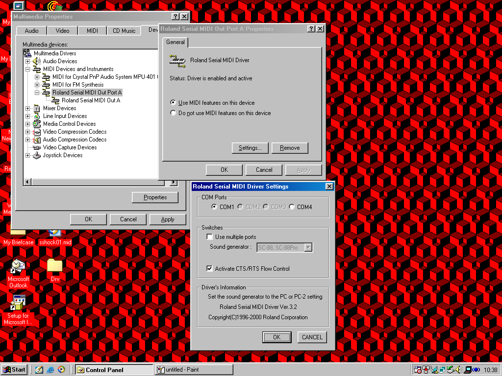 Image showing Windows 98's Device Manager > Roland Serial MIDI Out Port A > Settings page, with COM1 selected.