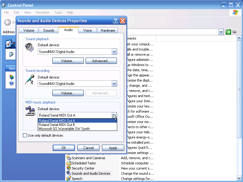 Image showing Windows XP's Control Panel > Sounds and Audio Devices > Audio tab, with Roland Serial MIDI Out A selected as "MIDI music playback" "Default device".